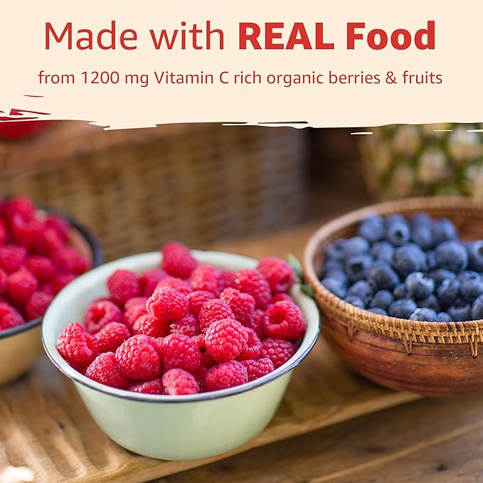 2 Pack - Organic Vitamin C Gummies 120mg for Adults, Sugar Free, Daily Immune Defense, Raw Antioxidant, 100% Whole Food Chewable Vitamin C Supplement from 1200mg Berries & Fruits for Collagen, Vegan