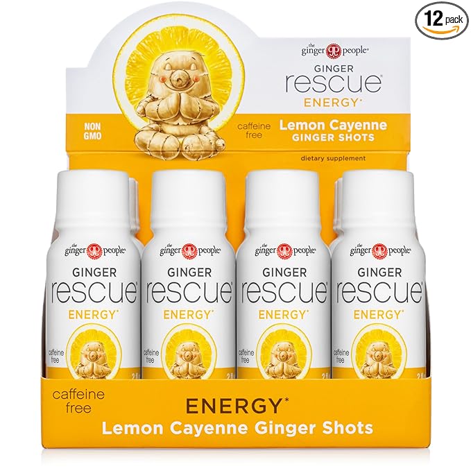 Ginger Rescue Shots by The Ginger People – Energy Boosting, Caffeine Free Energy, Digestive Heath, Lemon & Cayenne Flavor, 2 Fl Oz (Pack of 12)