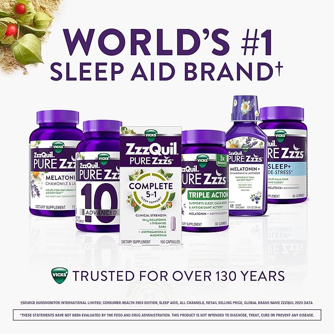 ZzzQuil Pure Zzzs Complete Sleep, Melatonin 10mg, L-Theanine, GABA, with Ashwagandha, and Magnesium, Melatonin Sleep Aid, 100 Count