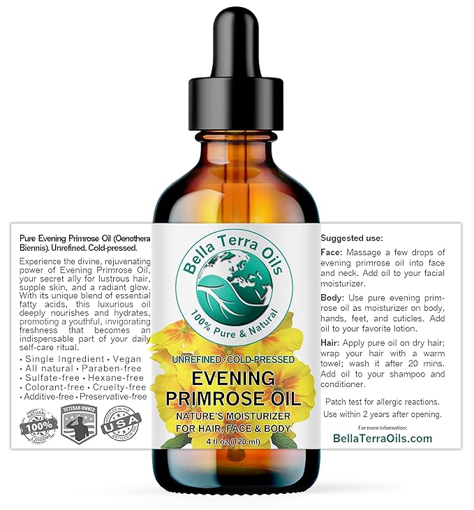 Bella Terra Oils - Organic Evening Primrose Oil 4 oz - Dive into Pure Primrose Essence, Abundant in Fatty Acids, A Luxurious Blend for a Radiant Glow