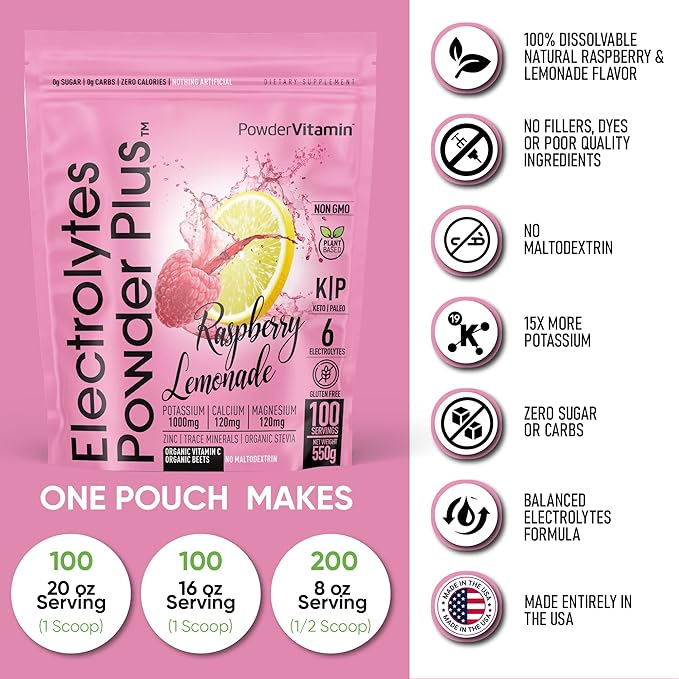 PowderVitamin Electrolytes Powder Plus (100 Servings) Raspberry Lemonade Electrolyte Powder, Zero Calorie, Keto, Zero Sugar, No Maltodextrin, 1000mg Potassium,120mg Calcium,120mg Magnesium, Hydration