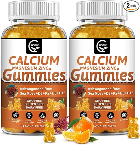 1200mg Calcium Gummies with Vitamin D3,K2,B12 & B6 - Plant Complex Calcium Magnesium Supplement with Glycinate,Potassium,Sea Moss,Ashwagandha Root for Bone & Teeth Strength, Muscle & Immune-2 Pack