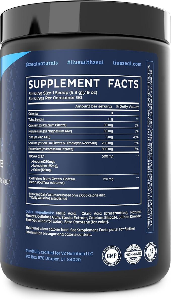 Zeal Electrolyte Powder - 90 Servings | Keto Electrolytes Powder | Zero Sugar, BCAAs, B-Vitamins | Potassium, Zinc, Magnesium | Hydration Powder Recovery Drink | Green Apple