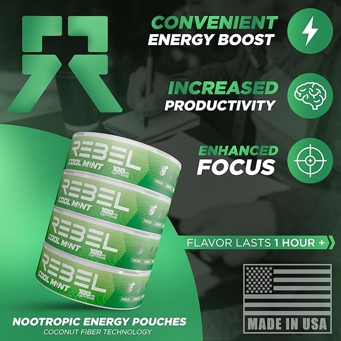 Nootropic Energy Caffeine Pouches (Cool Mint) • 100mg Caffeine • Alpha GPC • Huperzine A & Essential Vitamins • Sugar-Free • Coconut Fiber Technology • 15 Pouches Per Can (Pack of 4)