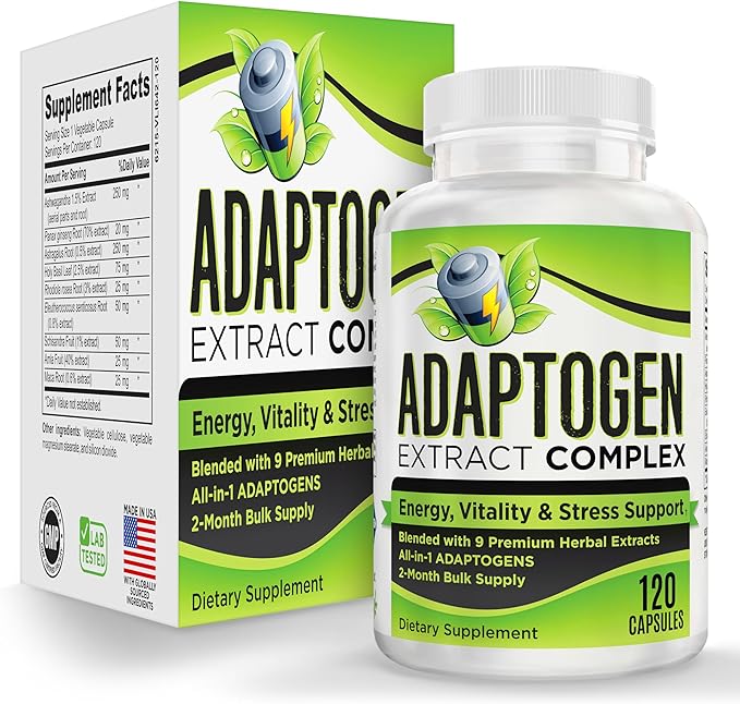 2-Month ADAPTOGEN Blend Supplement All-in-1 Formula with 9 Active Ingredients | Adaptogens | Herbal Extracts | Adaptogen Supplements | Adaptogenic Complex | 60-Day Bulk Supply | 120 Capsules