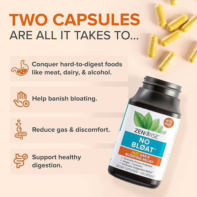 Zenwise Health No Bloat Digestive Enzymes for Gut Health, Gas & Bloating Relief - Multi Enzymes Digestion Supplement with Probiotics, Ginger, Turmeric Dandelion & Lactase - Men & Women - 160 Count