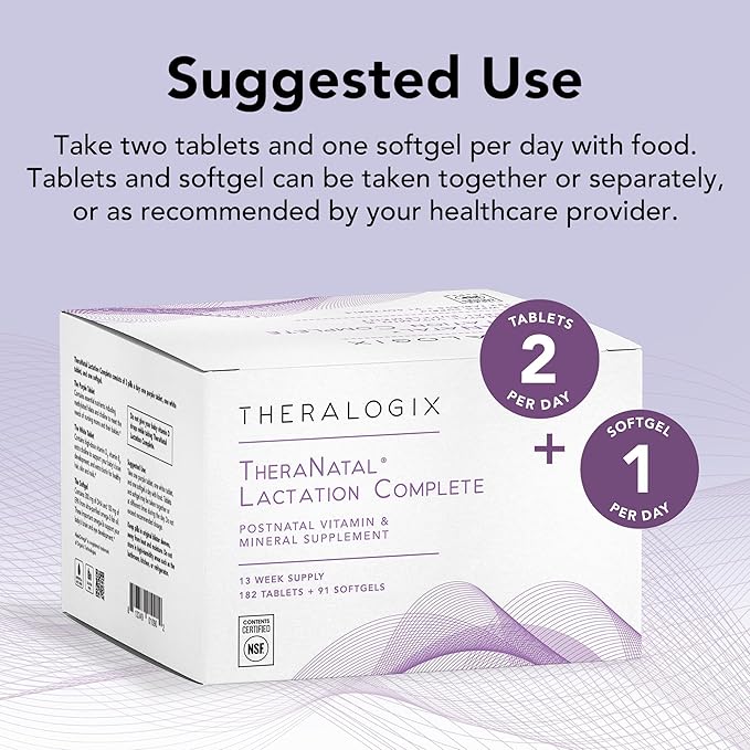Theralogix TheraNatal Lactation Complete Postnatal Vitamin Supplement - 13-Week Supply - Breastfeeding Supplement for Women - NSF Certified - 182 Tablets & 91 Softgels