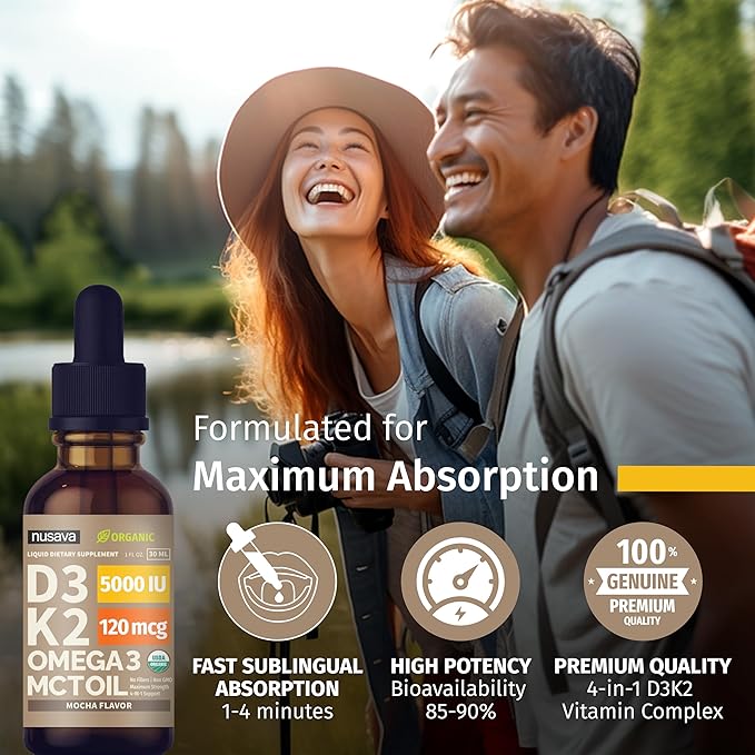 (2 Pack) Organic Vitamin D3 K2 Drops with MCT Oil Omega 3, 5000 IU, Maximum Strength Vitamin D Liquid, No Fillers, Non-GMO Liquid D3 for Faster Absorption and Immune Support (Mocha, 2 Fl Oz)