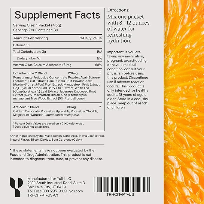 Yoli® Truth Antioxidant and Immune Support Supplement with Vitamin C, Botanicals, Superfruits, and Minerals - Citrus, 30 Packets