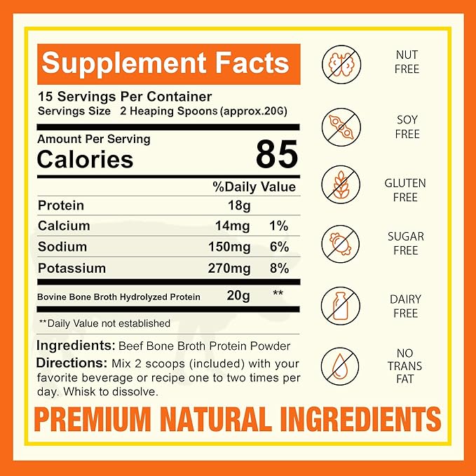 Zammex 100% Grass-Fed Beef Bone Broth Protein Powder, 20G Protein, Hydrolyzed Collagen Peptides Type 1&3, Supports Healthy Skin, Nails, Hair, Joints, Non-GMO, Gluten Free, Paleo & Keto Friendly