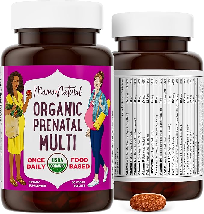 Mama Natural Organic Prenatal Vitamins for Women Vegan (30 Servings) | One A Day Prenatal Vitamins for Pregnant Women | Food Based, Non-GMO & Gluten-Free - Pre Natal Multivitamin with Folate