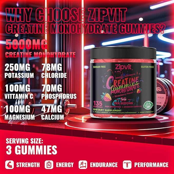 Zipvit Creatine Monohydrate Gummies (5g) – Pre-Workout Energy & Muscle Growth Support for Men & Women | Strawberry Electrolyte Gummies (135 Count)
