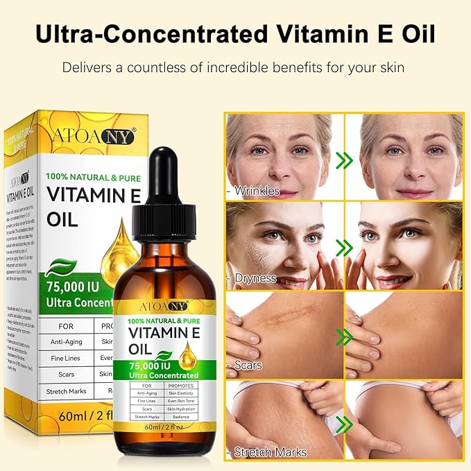 Vitamin E Oil Blend 75,000 IU, Vitamin E Oil for Skin, Scars, Face & Full Body, Tightening Plump Skin, Reduce Fine Lines & Scars, Moisturizing Skins, 2 Fl Oz
