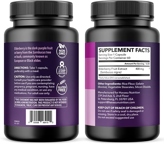 Sambucus Black Elderberry Capsules - Immune Support Supplement for Adults - 400mg of Extract Per Serving for Overall Wellness - Vegetarian-Friendly, Non-GMO, Unflavored - 60 Count, 2 Month Supply