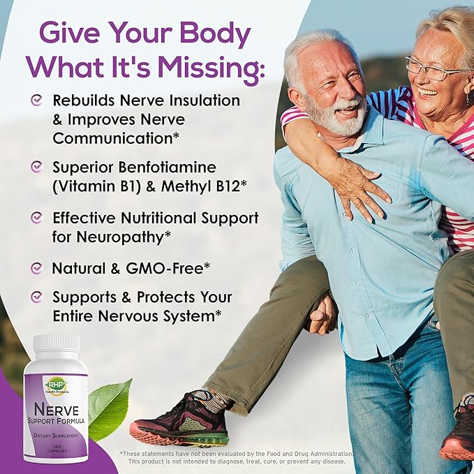 Nerve Support Formula. Nutritional Support of Neuropathy, Nerve Relief from Aches, Nerve Pain & Discomfort. B-Complex with Benfotiamine and Methyl B12. 120 Capsules