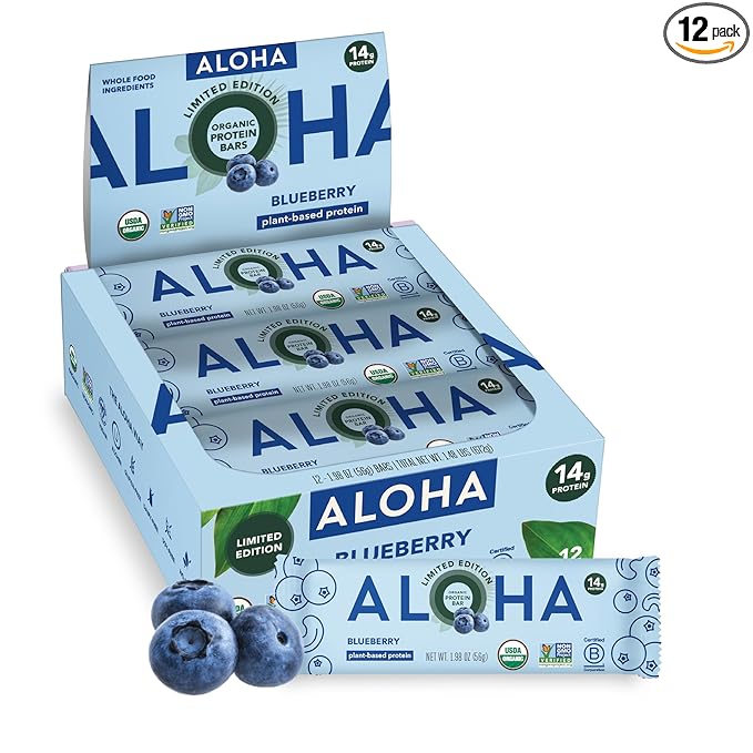 ALOHA Organic Plant Based Protein Bars - Blueberry Bars, Vegan, Low Sugar, Gluten-Free, Low Carb, Non-GMO, No Stevia, No Erythritol - 12 Count (Pack of 1)