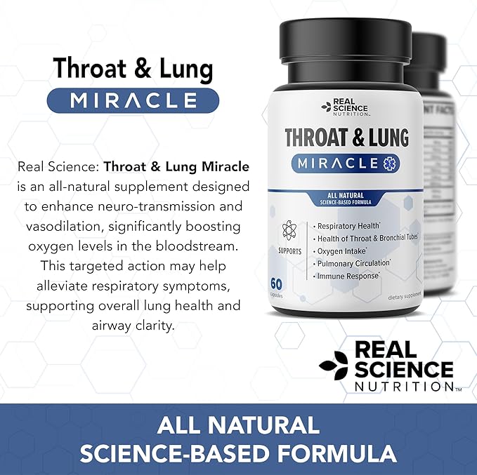Real Science Throat & Lung Detox Capsules to Clear Mucus, Sore Throat & Support Breathing – Lung Support Supplement with Vinitrox, GABA, Vitamin C & D for Long-Term Cough & Respiratory Relief, 60 Caps