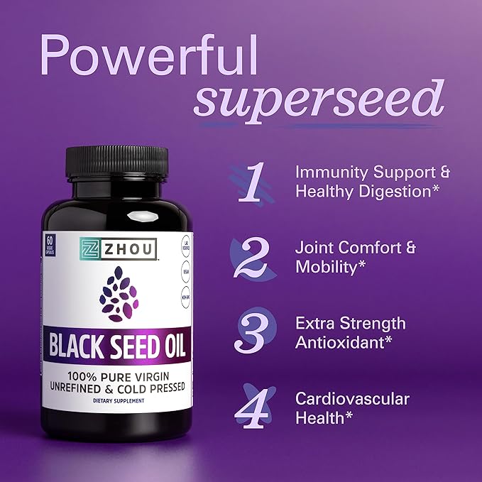 Zhou Black Seed Oil Capsules - Black Cumin Seed Oil Cold Pressed, Nigella Sativa, Pure Unrefined Blackseed, Premium Supplement for Health, Hair & Skin w/ Thymoquinone - 60 Capsules (Pack of 1)