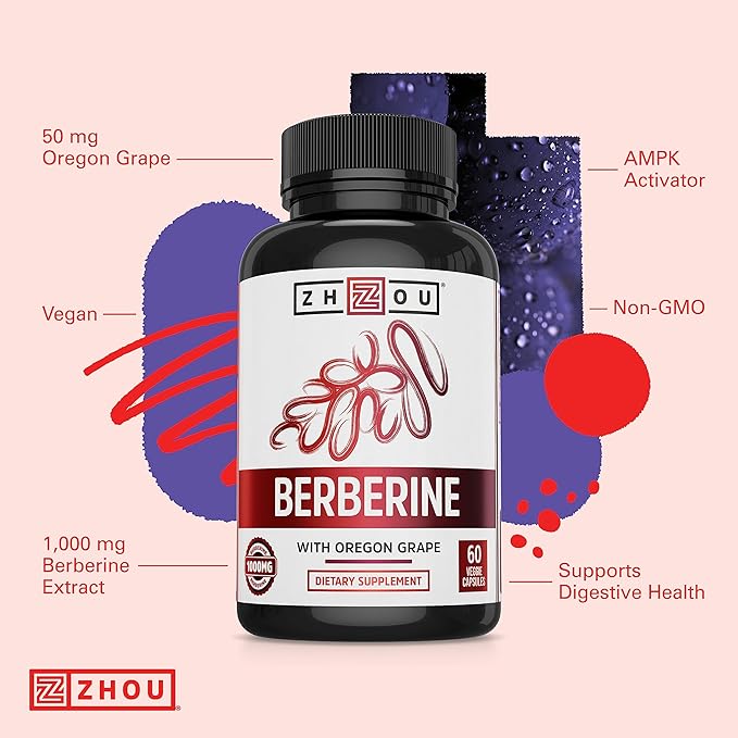 Zhou Berberine with Oregon Grape - Berberine Supplement for Women & Men, Gut Health, Metabolic Function, Berberine 1000mg Per Capsule - 60 Vegetarian Capsules (Pack of 1)