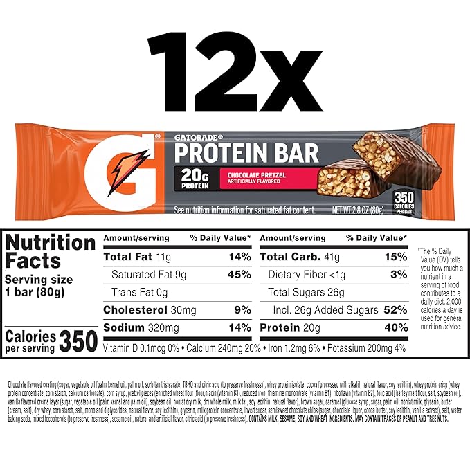 Gatorade Whey Protein Bars, Chocolate Pretzel, 2.8 oz bars (Pack of 12, 20g of protein per bar)