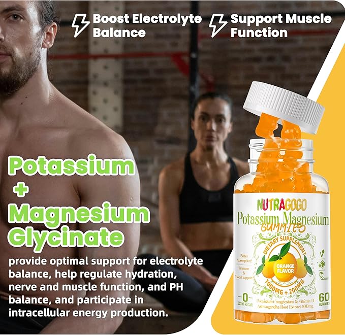 Potassium Magnesium Gummies,Potassium Supplement w/Ashwagandha,High Absorption Magnesium Glycinate,B6,D3,Potassium Citrate for Leg Cramps,Muscle,Electroyte for Adults Kids,Sugar-Free, 120 Gummies