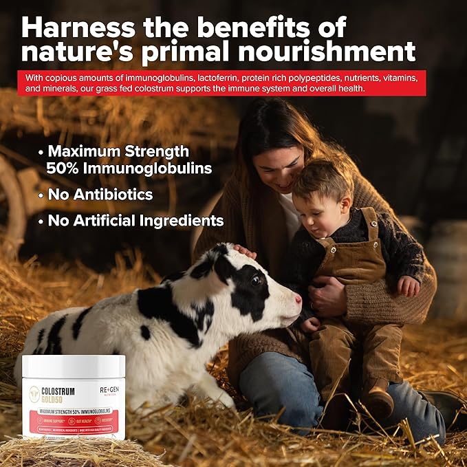 Re+Gen Nutrition Colostrum Gold 50 Bovine Colostrum Powder for Gut Health, Immune Support & Muscle Recovery – 50% IgG Concentration, Grass Fed, Gluten Free, No Artificial Ingredients