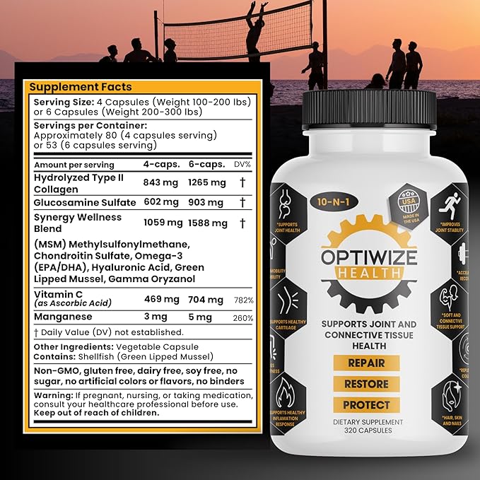 10-in-1 Joint Support Hydrolyzed Collagen,MSM, Hyaluronic Acid, Glucosamine,Chondroitin & More- Targets Joint Discomfort, Improves Mobility & Flexibility 320 Caps for Men & Women Made in USA
