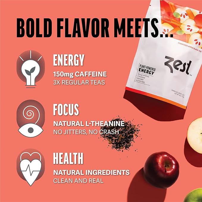 Zest 150mg High Caffeine Energy Loose Leaf Blend - Cinnamon Apple Black Tea - 4 Oz - All Natural Strong Flavored Healthy Coffee Alternative Highly Caffeinated Substitute - Perfect for Keto Diet