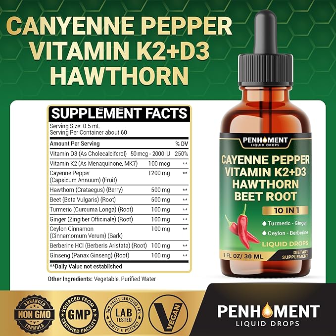 10in1 2700mg Cayenne Pepper Liquid Drops + Hawthorn Berry, Vitamin D3 K2 Beet Root Turmeric Ginger and More - Digestion Support - 1 Fl Oz - 2 Months Supply