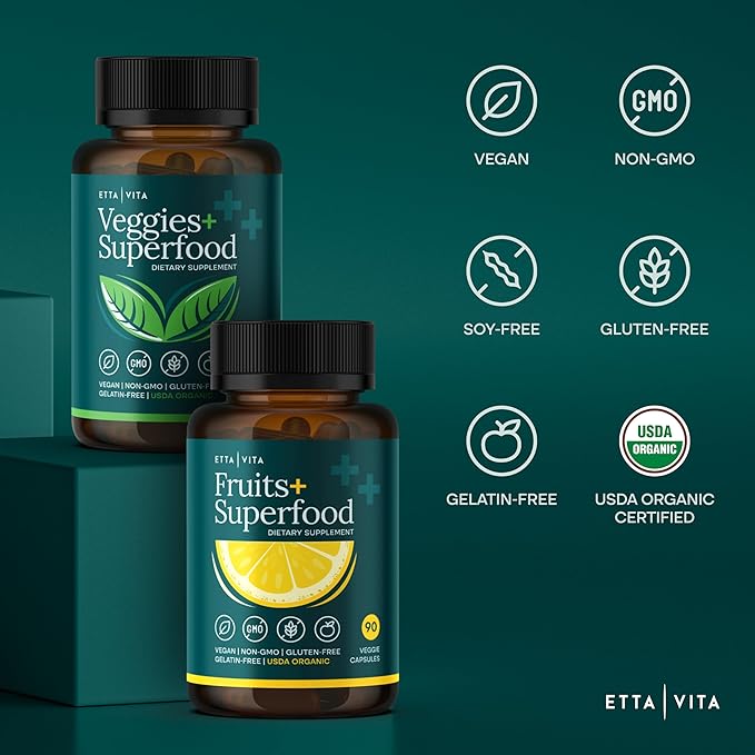 100% Organic Fruits and Veggies Supplement (USDA Organic - Made in USA) 180 Potent Fruits and Vegetable Capsules for Energy Boost & Daily Fruit and Vegetable Vitamins - Vegan, Non-GMO, Gluten-Free