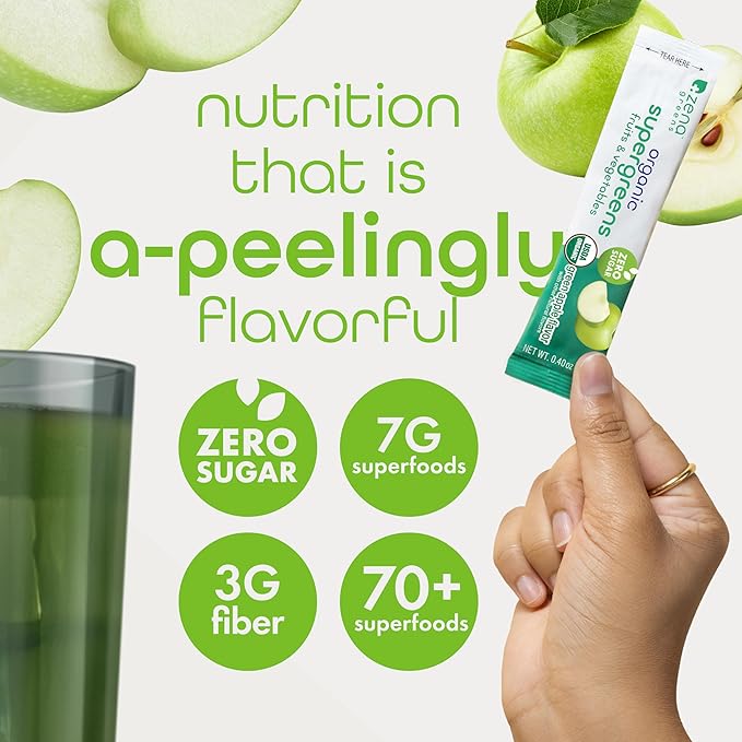 Zena Nutrition Organic Super Greens Powder, 70+ Superfoods, 0 Sugar, 3g Fiber, Spirulina, Chlorella, Mushrooms, Prebiotics/Probiotics, Digestive Enzymes, Gut Health, Green Apple, 30 Drink Mix Packets