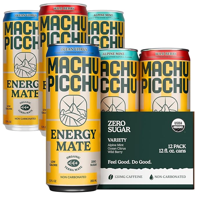 MACHU PICCHU Zero Sugar Energy Mate Drink – Non-Carbonated Yerba Mate, 120mg Organic Caffeine, Smooth Focus Without Jitters or Crash, Low Calorie, USDA Organic, 12oz Cans (12-Pack-“Variety”)