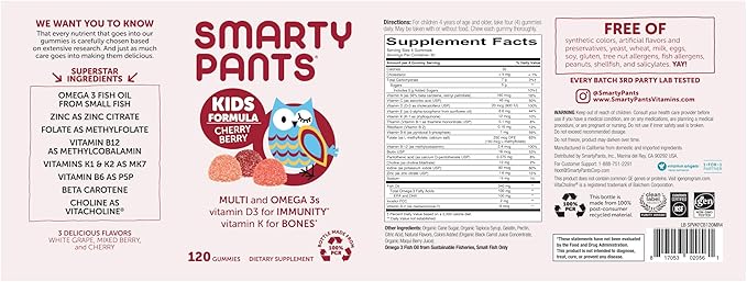 SmartyPants Kids Multivitamin Gummies: Omega 3 Fish Oil (EPA/DHA), Vitamin D3, C, Vitamin B12, B6, A, K & Zinc for Immune Support, Biotin, Grape, Cherry & Berry Flavors, 120 Count (30 Day Supply)