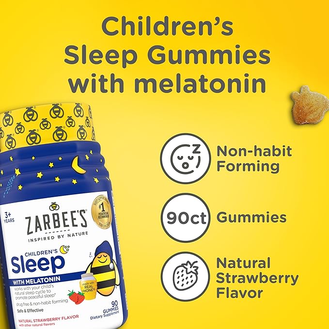 Zarbee's Kids Melatonin Gummies with 1mg Melatonin, Kids Sleep Gummy Works with Natural Sleep Cycles to Promote Peaceful Sleep, Drug-Free, Non-Habit-Forming, Natural Strawberry, 90 ct