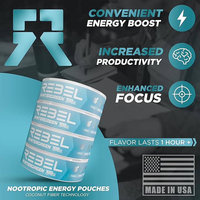 Nootropic Energy Caffeine Pouches (Wintergreen) • 100mg Caffeine • Alpha GPC • Huperzine A & Essential Vitamins • Sugar-Free • Coconut Fiber Technology • 15 Pouches Per Can (Pack of 4)