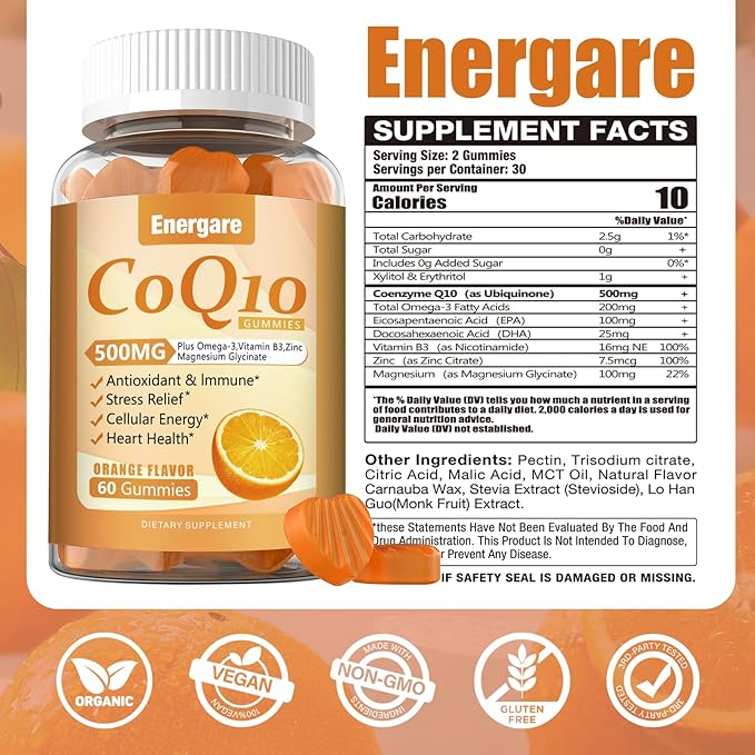 2 Packs CoQ10 500MG Gummies - 3X Better Absorption Coenzyme Q10 Supplements - Plus Omega-3, Magnesium, Vitamin B3 & Zinc for Heart Health, Cellular Energy & Antioxidant, 120 Cts