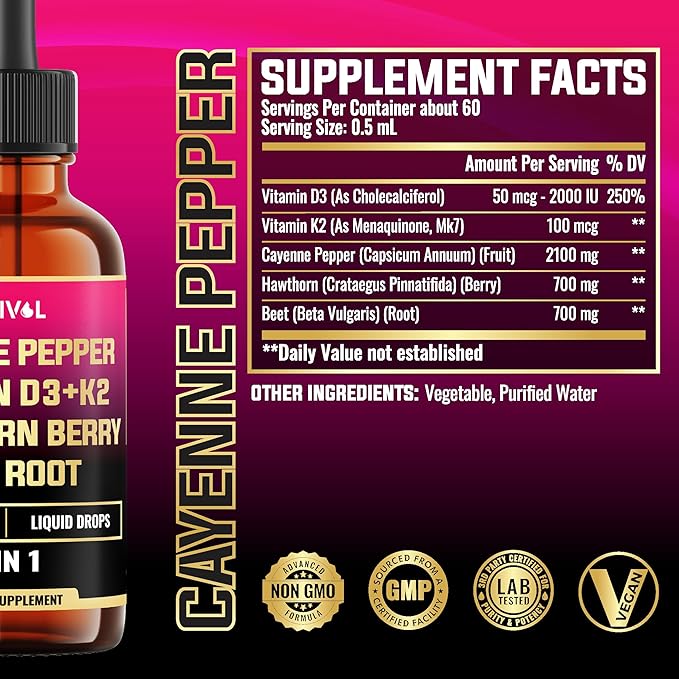 5in1 Cayenne Pepper Liquid Drops with Vitamin D3, Vitamin K2, Hawthorn Berry and Beet Root - Digestion Support - 1 FL Oz - 60 Days Supply