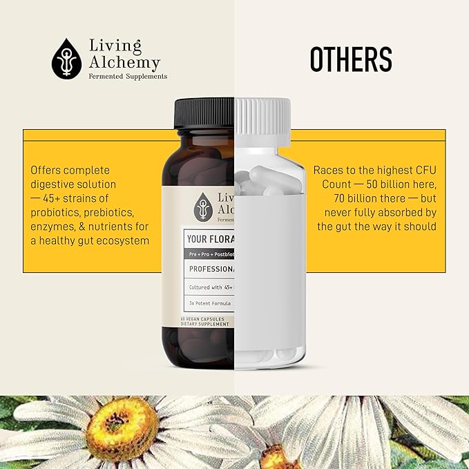 Living Alchemy Gut Health Supplements for Men & Women - Your Flora Probiotic Professional Digestion Supplement with Fermented Soybean, Prebiotics, Digestive Enzyme - Vegan, Non-GMO, 60 Pcs