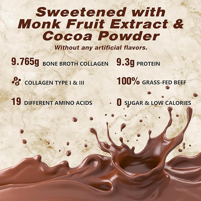 Zammex Bone Broth Protein Powder, Pure Grass Fed Beef, Chocolate Protein Powder,Hydrolyzed Collagen Supplement for Healthy Skin,Nails,Hair,Joints, Non-GMO,Gluten Free, Great in Shakes