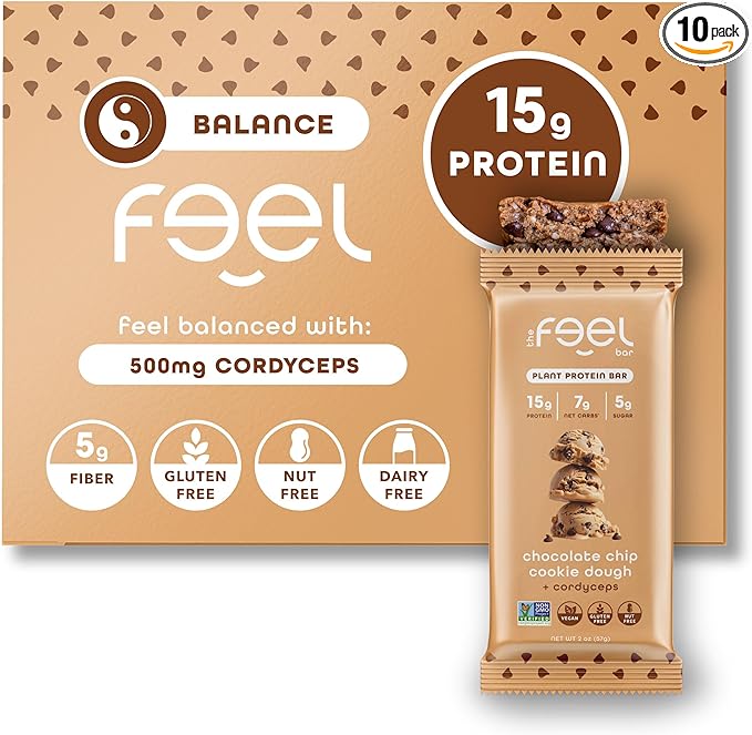 Feel Vegan Protein Bars, Balance, Cordyceps, 15g Protein, Adaptogenic Snack, Organic, Low Carb, Gluten Free, Dairy, Nut, Grain, Soy Free, Cookie Dough, 10 Pack