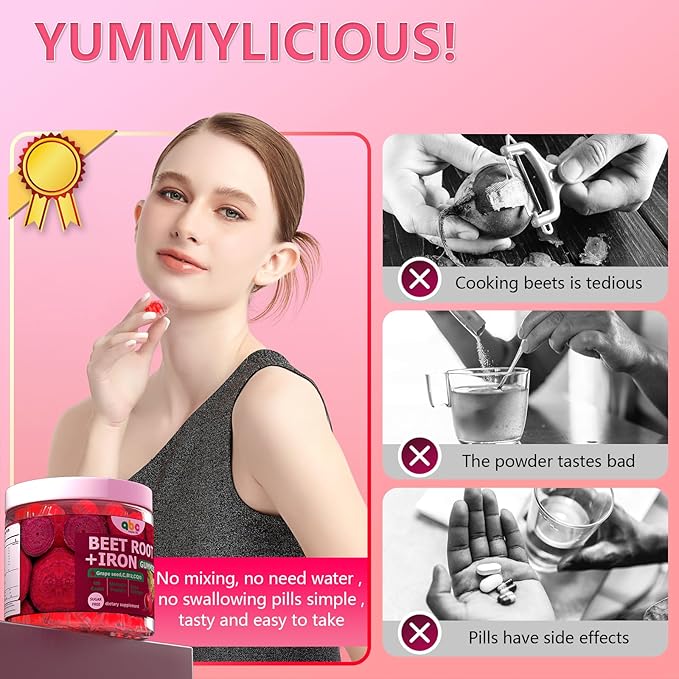 Beet Root Gummies 100mg – Red Beet Chewables with Grape Seed, CoQ10, Vitamin C, Iron & B12 – Supports Energy Metabolism & Healthy Circulation – Sugar Free Supplement for Women & Men, 120 Count