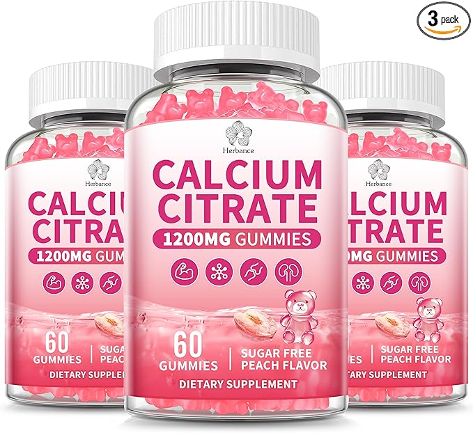 (3 Pack) Calcium Citrate Gummies 1200 mg for Adults, High Absorption Calcium Supplement for Women & Men, Sugar Free, Non-GMO, Gluten Free, Supports Muscle & Immune - Natural Peach Flavor