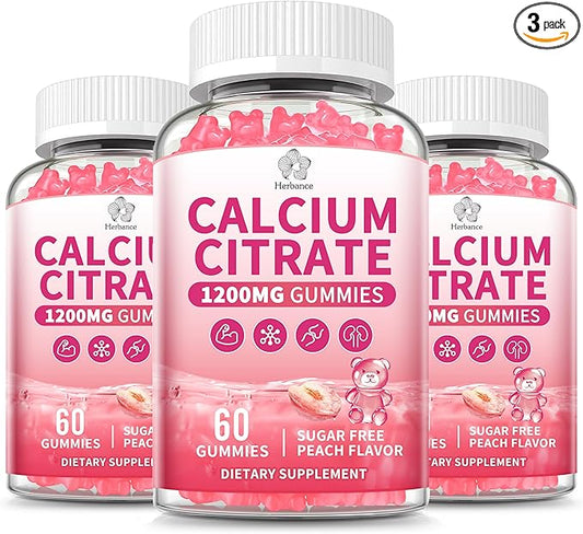 (3 Pack) Calcium Citrate Gummies 1200 mg for Adults, High Absorption Calcium Supplement for Women & Men, Sugar Free, Non-GMO, Gluten Free, Supports Muscle & Immune - Natural Peach Flavor
