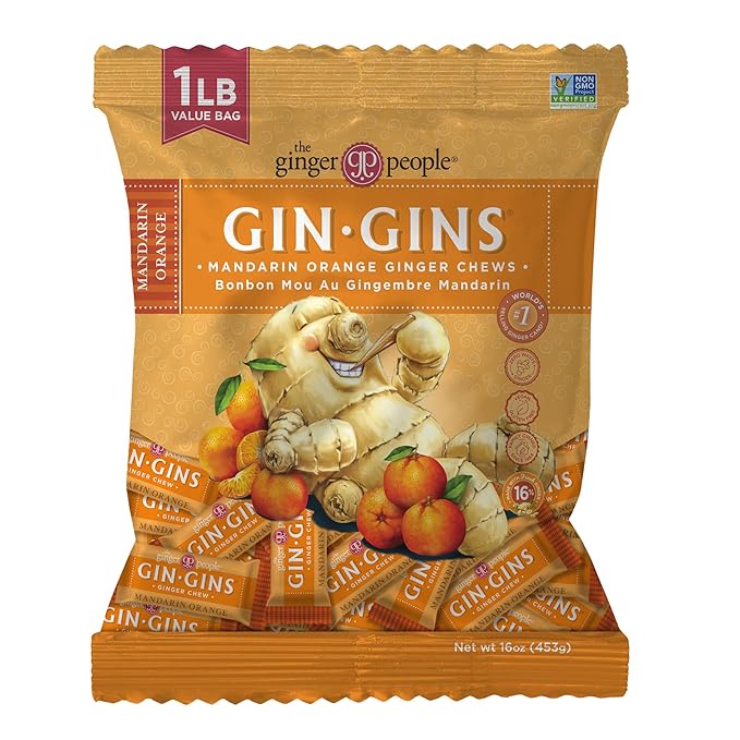 GIN GINS Mandarin Orange Ginger Chews – Natural Fresh Ginger Candy by The Ginger People – Individually Wrapped Healthy Candy – Mandarin Orange Flavor – Large 1 lb Bag (16oz) – Pack of 1