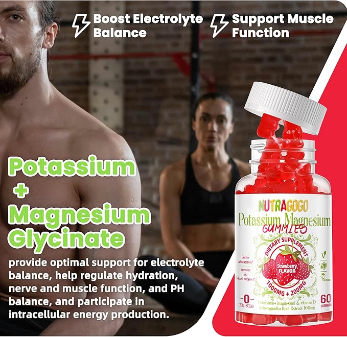 Potassium Magnesium Gummies,Potassium Supplement w/Ashwagandha,High Absorption Magnesium Glycinate,B6,D3,Potassium Citrate,Electroyte for Adults Kids,Sugar-Free, 120 Strawberry Chews