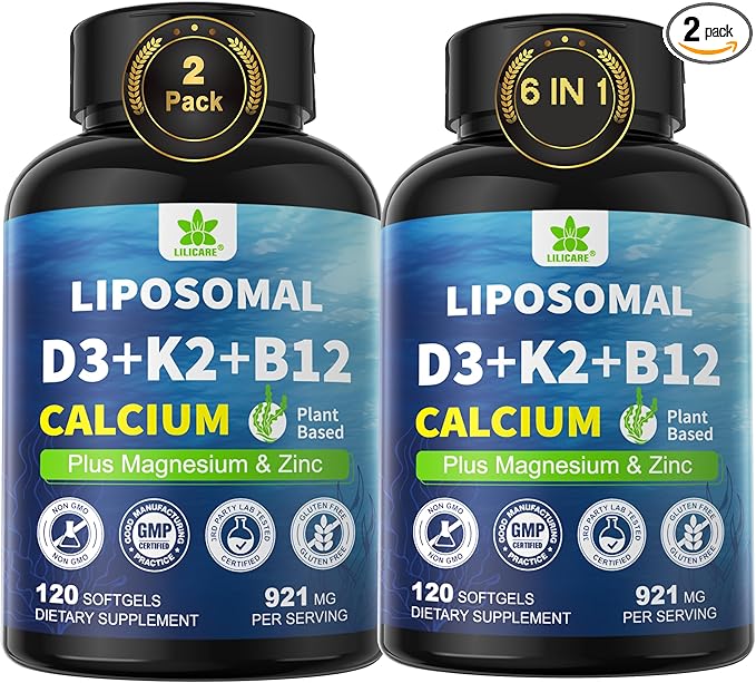 6-in-1 Liposomal Vitamin D3 K2 Calcium Supplement - Plant Based Calcium 600mg with Vegan Vitamin D3 5000 iu + Vitamin K K2 MK7 + B12, Algae Ca-lcium Magnesium Zinc for Bone, Softgels, 2 Pack