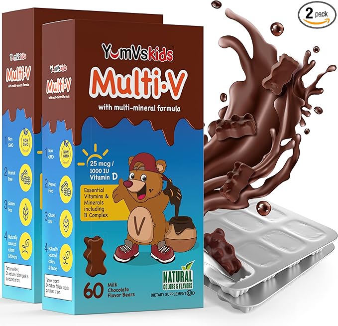 YUM-V'S - Kids Multivitamin Chewable Chocolate Bears - Multivitamin for Kids Supplement - 16 Vitamins & Minerals - Vitamins Including D, Zinc, C, B Complex & More, 60 Count (Pack of 2)