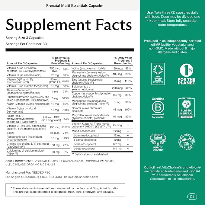 Needed. Multivitamin for Prenatal | Prenatal Multi Essentials Capsule - Pregnancy, Breastfeeding, Postpartum | Expertly-Formulated & Third-Party Tested, Citrus Scent Insert | 30-Day Supply