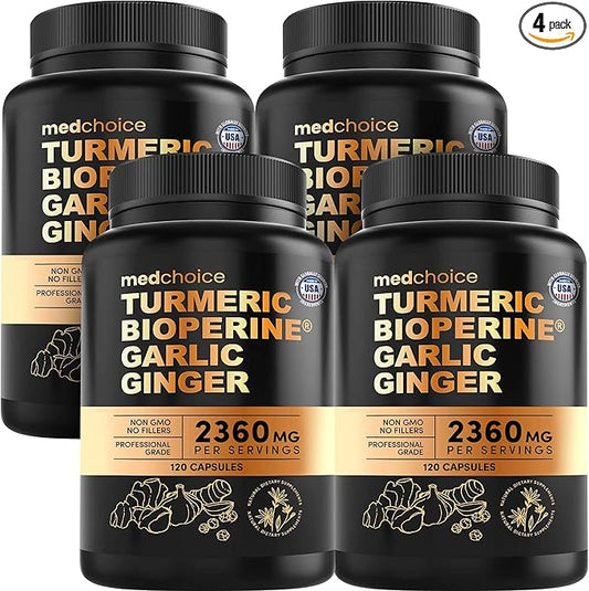 4-in-1 Turmeric and Garlic Supplements with Bioperine 2360 mg Turmeric Ginger Root Capsules with Garlic for Joint, Digestion & Immune Support (120ct, Pack of 4)