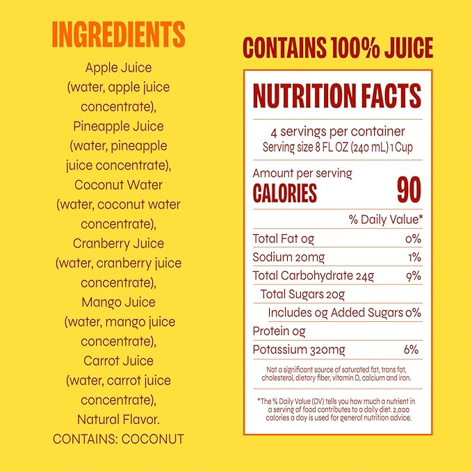 Revl Fruits 100% Juice, No Added Sugar, Pineapple Mango, Truly Tropical, 32 fl oz. Carton